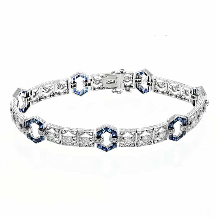 Art Deco Platinum Diamond &Amp; Natural Sapphire Bracelet 1 A Sleek, Irresistible Circa 1925 Art Deco Platinum Bracelet With Old European Cut Diamonds And Calibre-Cut Natural Blue Sapphires, Finished With Rose-Cut Sparkle And Fine Mill-Grained Detail.