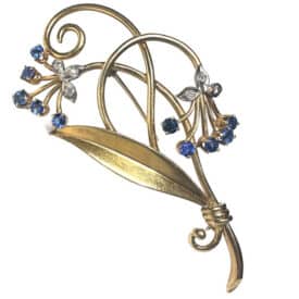 Vintage Retro Period Sapphire &Amp; Diamond Floral Vine Brooch In Yellow Gold