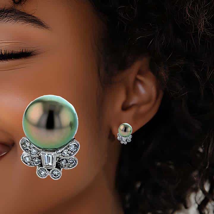 18K White Gold Pistachio Tahitian Pearl &Amp; Diamond Butterfly Clip Earrings 5 18K White Gold Pistachio Tahitian Pearl &Amp; Diamond Butterfly Clip Earrings - Image 5