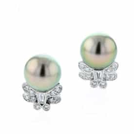 18K White Gold Pistachio Tahitian Pearl &Amp; Diamond Butterfly Clip Earrings