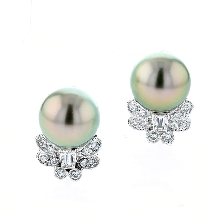 18K White Gold Pistachio Tahitian Pearl &Amp; Diamond Butterfly Clip Earrings 1 18K White Gold Pistachio Tahitian Pearl &Amp; Diamond Butterfly Clip Earrings