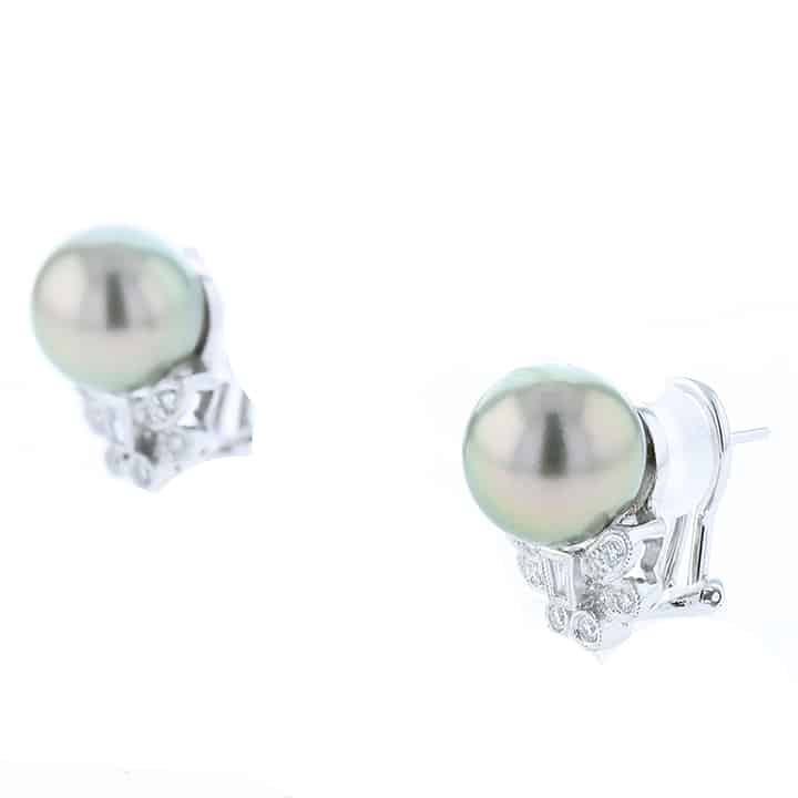 18K White Gold Pistachio Tahitian Pearl &Amp; Diamond Butterfly Clip Earrings 4 18K White Gold Pistachio Tahitian Pearl &Amp; Diamond Butterfly Clip Earrings - Image 4