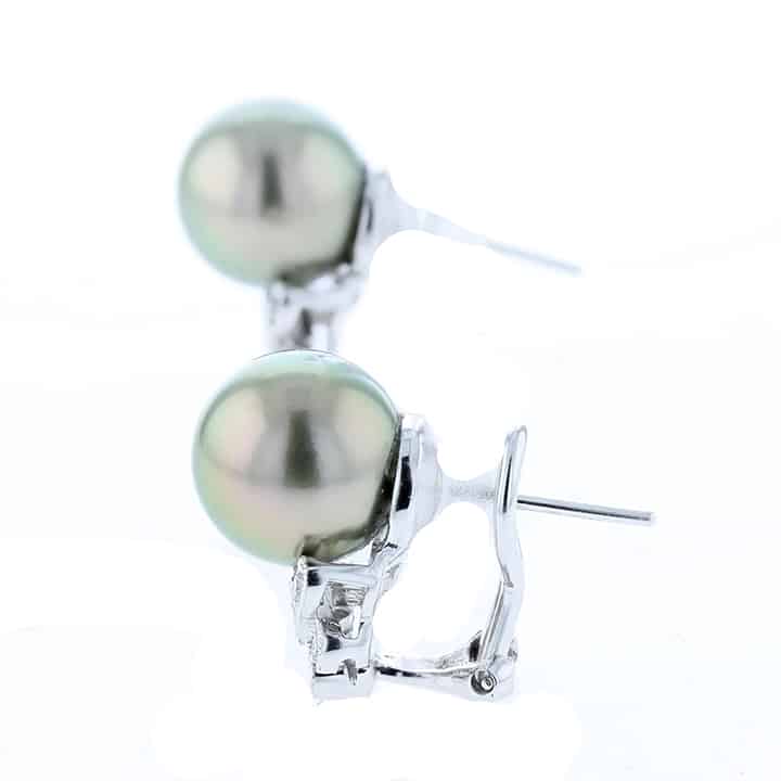 18K White Gold Pistachio Tahitian Pearl &Amp; Diamond Butterfly Clip Earrings 3 18K White Gold Pistachio Tahitian Pearl &Amp; Diamond Butterfly Clip Earrings - Image 3