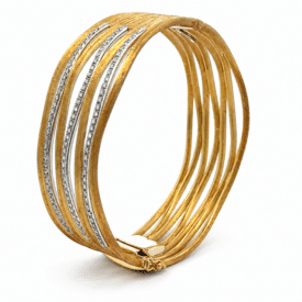 18K Yellow Gold Multi-Strand Diamond Hinged Cuff Bangle Bracelet