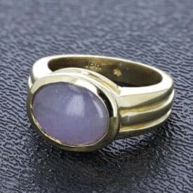 Vintage 1980S 18K Yellow Gold Natural Lavender Jadeite Cabochon Ring – East-West Bezel Setting