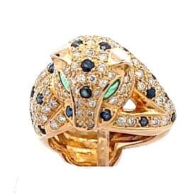 Vintage 14K Yellow Gold Diamond, Sapphire And Emerald Panther Ring — Circa 1980S