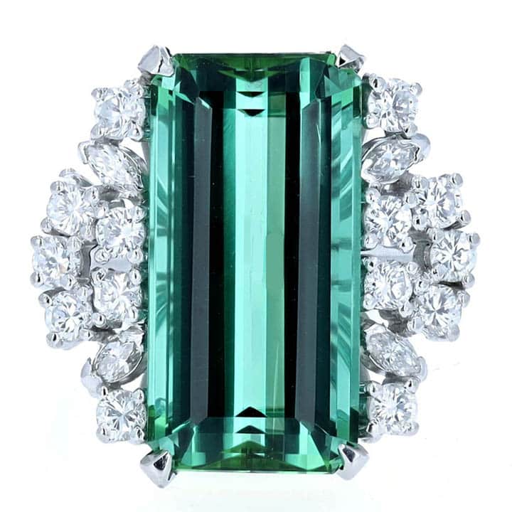 Platinum 11.96 Carat Emerald-Cut Chrome Green Tourmaline And Diamond Cluster Ring 2 Platinum 11.96 Carat Emerald-Cut Chrome Green Tourmaline And Diamond Cluster Ring - Image 2