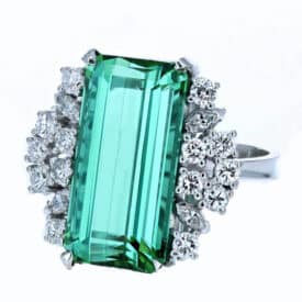Platinum 11.96 Carat Emerald-Cut Chrome Green Tourmaline And Diamond Cluster Ring