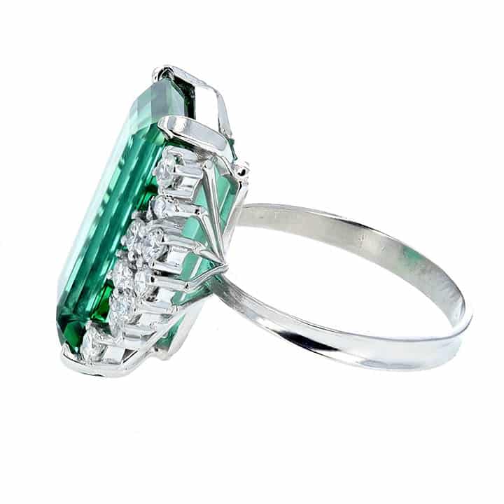Platinum 11.96 Carat Emerald-Cut Chrome Green Tourmaline And Diamond Cluster Ring 5 Platinum 11.96 Carat Emerald-Cut Chrome Green Tourmaline And Diamond Cluster Ring - Image 5