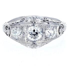 Circa 1920S Edwardian Platinum Filigree 1.49 Carat Old European Cut Diamond Three-Stone Ring