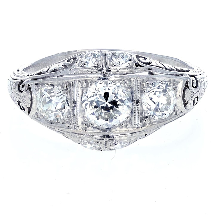 Circa 1920S Edwardian Platinum Filigree 1.49 Carat Old European Cut Diamond Three-Stone Ring 1 Circa 1920S Edwardian Platinum Filigree 1.49 Carat Old European Cut Diamond Three-Stone Ring