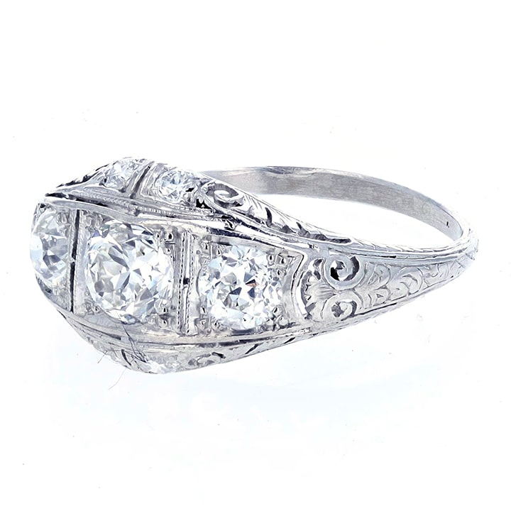 Circa 1920S Edwardian Platinum Filigree 1.49 Carat Old European Cut Diamond Three-Stone Ring 6 Circa 1920S Edwardian Platinum Filigree 1.49 Carat Old European Cut Diamond Three-Stone Ring - Image 6