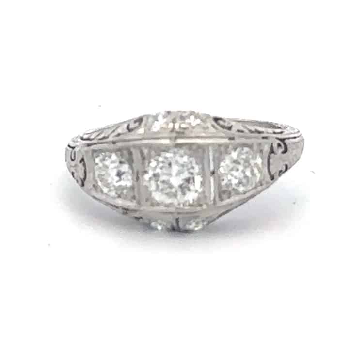 Circa 1920S Edwardian Platinum Filigree 1.49 Carat Old European Cut Diamond Three-Stone Ring 4 Circa 1920S Edwardian Platinum Filigree 1.49 Carat Old European Cut Diamond Three-Stone Ring - Image 4