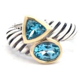 David Yurman Châtelaine Sterling Silver &Amp; Gold Blue Topaz Bypass Cable Ring