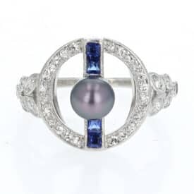 Edwardian Natural Black Pearl, Blue Sapphire &Amp; Diamond Platinum Dinner Ring, Circa 1920
