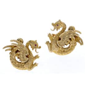 Yellow Gold Fire-Breathing Dragon Cuff Links - Diamond Eyes - Circa 1970S