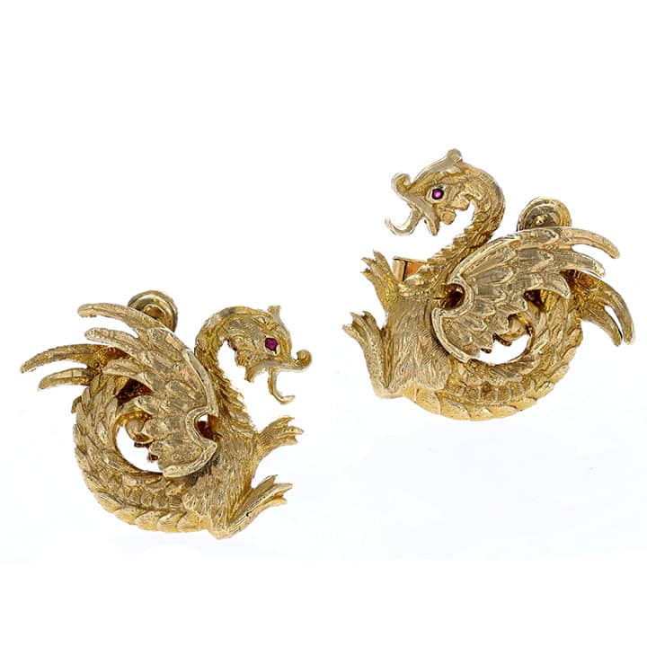 Yellow Gold Fire-Breathing Dragon Cuff Links - Diamond Eyes - Circa 1970S 1 Yellow Gold Fire-Breathing Dragon Cuff Links - Diamond Eyes - Circa 1970S