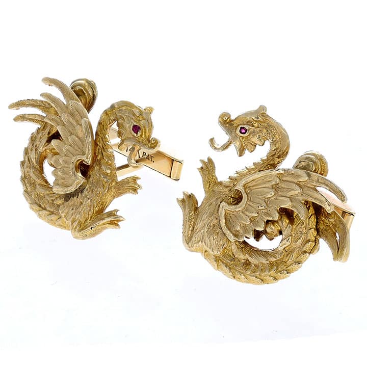 Yellow Gold Fire-Breathing Dragon Cuff Links - Diamond Eyes - Circa 1970S 3 Yellow Gold Fire-Breathing Dragon Cuff Links - Diamond Eyes - Circa 1970S - Image 3